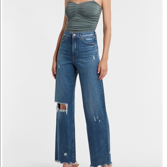 Express Denim - Super High Waisted Ripped Raw Hem 90s Wide Leg Jeans- NWT- 2 Short